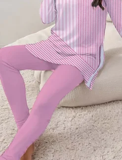 Women's Elegant Vacation Fashion T Shirt Pants Sets Long Sleeve Round Neck Floral Graphic Striped Print Casual Daily Pink Summer Regular Fit