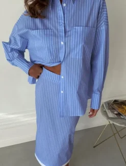 Women's Elegant Vacation Vintage Skirt Sets Long Sleeve Shirt Collar Striped Patchwork Vacation Office Daily Blue Summer Regular Fit