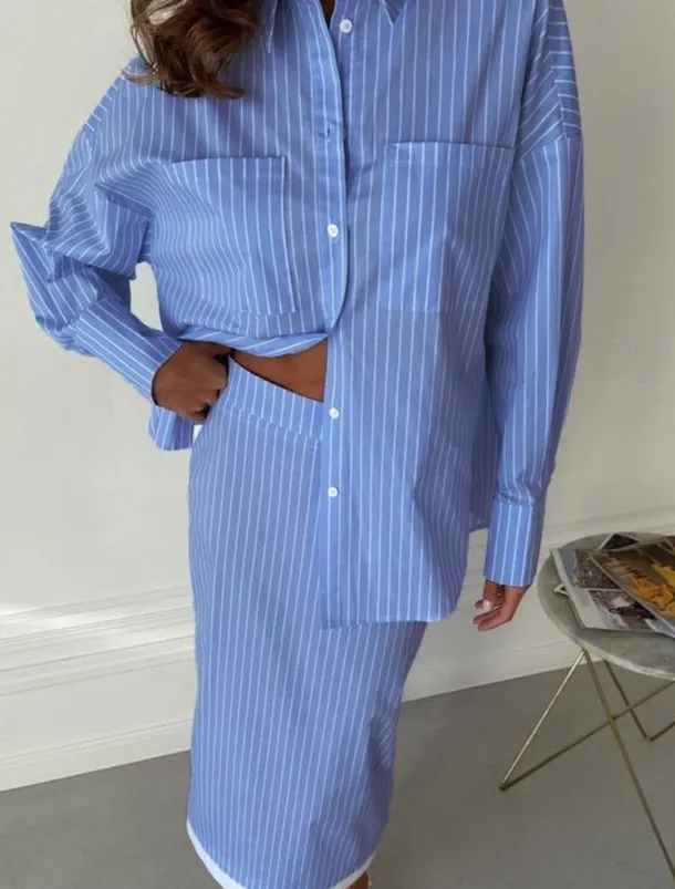 Women's Elegant Vacation Vintage Skirt Sets Long Sleeve Shirt Collar Striped Patchwork Vacation Office Daily Blue Summer Regular Fit