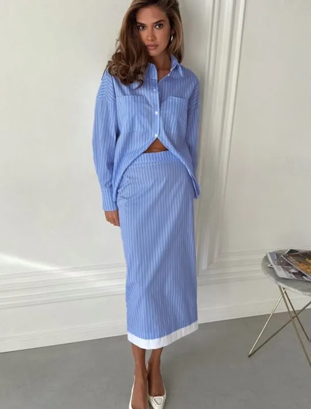 Women's Elegant Vacation Vintage Skirt Sets Long Sleeve Shirt Collar Striped Patchwork Vacation Office Daily Blue Summer Regular Fit