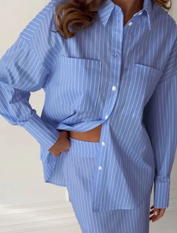 Women's Elegant Vacation Vintage Skirt Sets Long Sleeve Shirt Collar Striped Patchwork Vacation Office Daily Blue Summer Regular Fit