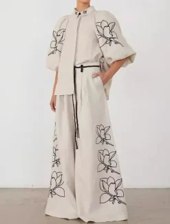 Women's Elegant Vacation Vintage Pants Sets Long Sleeve Lantern Sleeve Shirt Embroidered Collar Floral Vacation Casual Daily Embroidery Set Spring Loose Fit