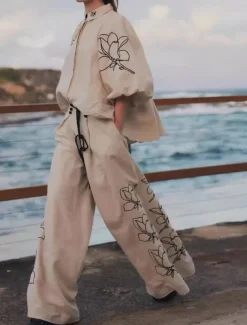 Women's Elegant Vacation Vintage Pants Sets Long Sleeve Lantern Sleeve Shirt Embroidered Collar Floral Vacation Casual Daily Embroidery Set Spring Loose Fit