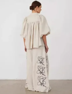 Women's Elegant Vacation Vintage Pants Sets Long Sleeve Lantern Sleeve Shirt Embroidered Collar Floral Vacation Casual Daily Embroidery Set Spring Loose Fit