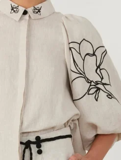 Women's Elegant Vacation Vintage Pants Sets Long Sleeve Lantern Sleeve Shirt Embroidered Collar Floral Vacation Casual Daily Embroidery Set Spring Loose Fit