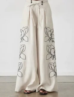 Women's Elegant Vacation Vintage Pants Sets Long Sleeve Lantern Sleeve Shirt Embroidered Collar Floral Vacation Casual Daily Embroidery Set Spring Loose Fit