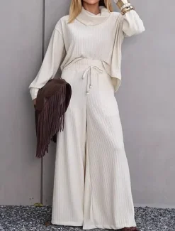 Women's Elegant Vintage Fashion Pants Sets Bolero Top Long Sleeve Turtleneck Solid Color Casual Daily Date Rose Gold White Champagne Fall Loose Fit