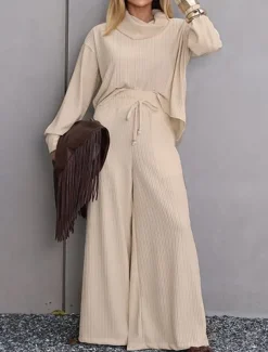 Women's Elegant Vintage Fashion Pants Sets Bolero Top Long Sleeve Turtleneck Solid Color Casual Daily Date Rose Gold White Champagne Fall Loose Fit