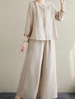 Women's Elegant Vintage Fashion Shirt Linen-Inspired Sets Two Piece Sets Chinos Pants Trousers Long Sleeve Crew Neck Solid Color Outdoor Work Casual Purple Beige Summer Regular Fit