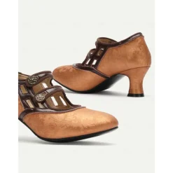 Women's Elegant Vintage T-Strap Mid-Heel Pumps - Bronze Mary Jane Shoes with Floral Button for Oktoberfest, Formal, and Casual Wear