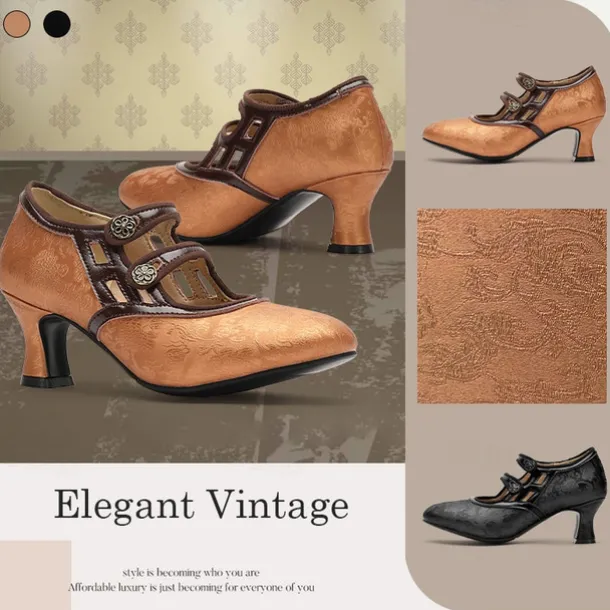 Women's Elegant Vintage T-Strap Mid-Heel Pumps - Bronze Mary Jane Shoes with Floral Button for Oktoberfest, Formal, and Casual Wear