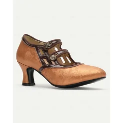 Women's Elegant Vintage T-Strap Mid-Heel Pumps - Bronze Mary Jane Shoes with Floral Button for Oktoberfest, Formal, and Casual Wear