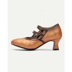 Women's Elegant Vintage T-Strap Mid-Heel Pumps - Bronze Mary Jane Shoes with Floral Button for Oktoberfest, Formal, and Casual Wear