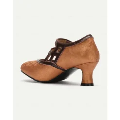 Women's Elegant Vintage T-Strap Mid-Heel Pumps - Bronze Mary Jane Shoes with Floral Button for Oktoberfest, Formal, and Casual Wear