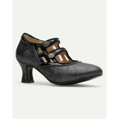 Women's Elegant Vintage T-Strap Mid-Heel Pumps - Bronze Mary Jane Shoes with Floral Button for Oktoberfest, Formal, and Casual Wear