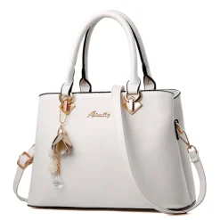 Women's Elegant White Faux Leather Handbag with Gold Hardware and Floral Charm - Stylish Shoulder Bag for Daily Use and Special Occasions