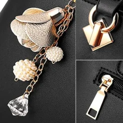 Women's Elegant White Faux Leather Handbag with Gold Hardware and Floral Charm - Stylish Shoulder Bag for Daily Use and Special Occasions