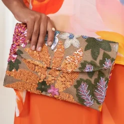 Women's Embroidered Floral Clutch - Handheld Evening Bag with Colorful Bead and Sequin Details