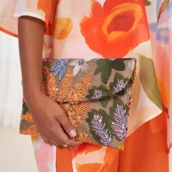 Women's Embroidered Floral Clutch - Handheld Evening Bag with Colorful Bead and Sequin Details