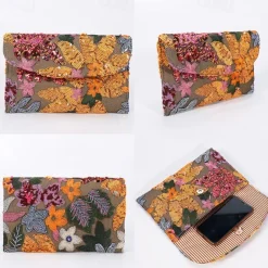 Women's Embroidered Floral Clutch - Handheld Evening Bag with Colorful Bead and Sequin Details
