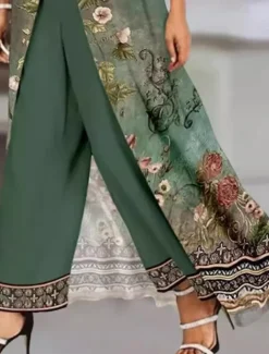 Women's Embroidered Salwar Kameez Palazzo Set Green Cream Traditional Ethnic Wear Floral Embroidery Festive Wedding Party All Season Comfort Fit