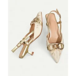 Women's Embroidered Slingback Pumps - Elegant Low Heel Shoes with Chain Detail