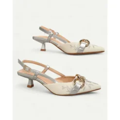 Women's Embroidered Slingback Pumps - Elegant Low Heel Shoes with Chain Detail