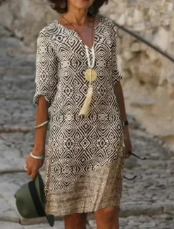 Women's EU / US Size Midi Dress Jumper Dress Boho Dress Spring Dress Boho Wedding Guest Dress Elegant Bohemia Stylish Elbow Sleeve Vacation Work Daily Loose Fit Geometric Plaid 3/4 Length Sleeve V