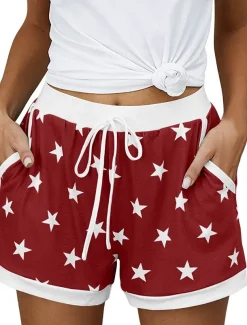 Women's EU / US Size Pajamas Track Pants Baggy Shorts Athleisure Athletic Short Medium Waist Star Pocket Printing Basic Outdoor Comfortable Sports Micro-elastic Casual Sports claret Spring Grass