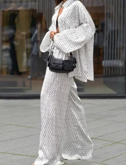 Women's EU / US Size2 Pieces SetsFashion Daily Shirt Pants Trousers Long Sleeve Shirt Collar Plaid Print Casual Daily Weekend White Autumn / Fall Loose Fit