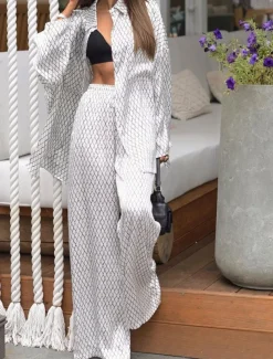 Women's EU / US Size2 Pieces SetsFashion Daily Shirt Pants Trousers Long Sleeve Shirt Collar Plaid Print Casual Daily Weekend White Autumn / Fall Loose Fit