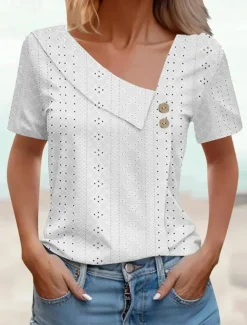 Women's Eyelet top Dressy Tops Elegant Stylish Solid Color Buttons Eyelet Short Sleeve Asymmetrical Daily Grass Green White Pink Army Green Blue Summer