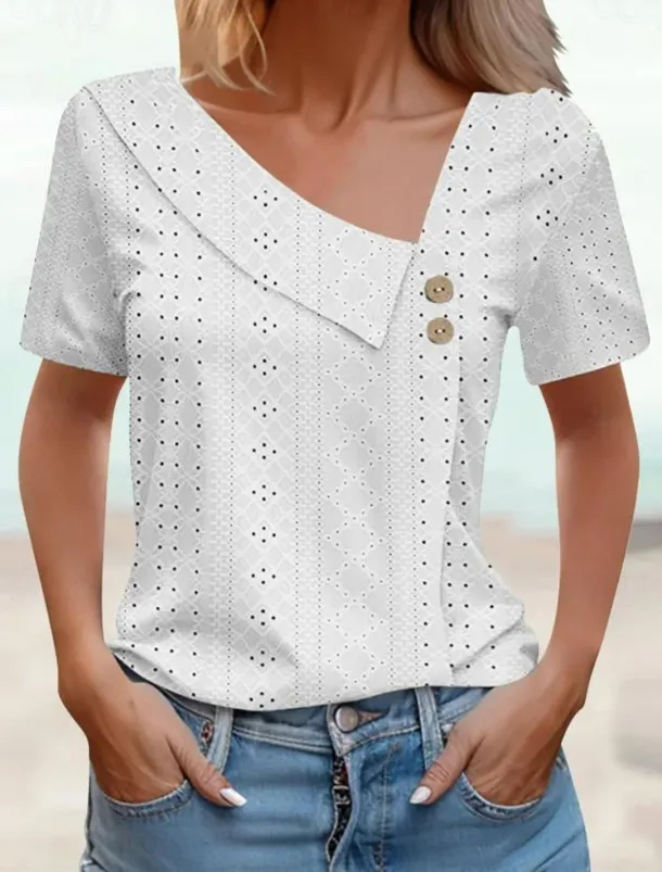 Women's Eyelet top Dressy Tops Elegant Stylish Solid Color Buttons Eyelet Short Sleeve Asymmetrical Daily Grass Green White Pink Army Green Blue Summer