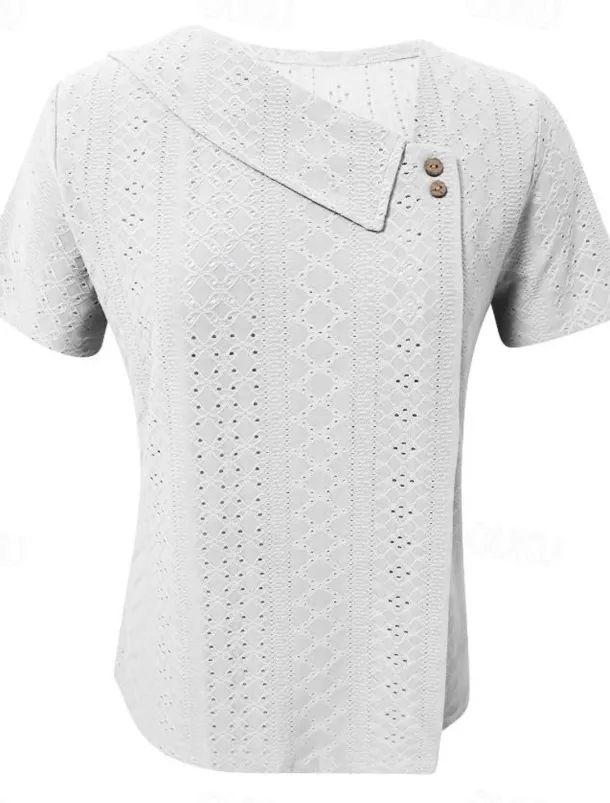 Women's Eyelet top Dressy Tops Elegant Stylish Solid Color Buttons Eyelet Short Sleeve Asymmetrical Daily Grass Green White Pink Army Green Blue Summer