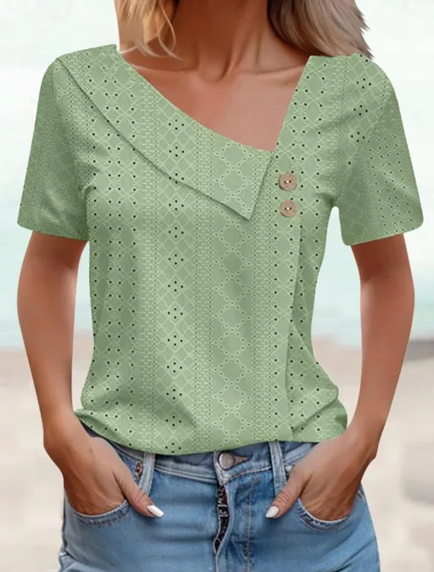 Women's Eyelet top Dressy Tops Elegant Stylish Solid Color Buttons Eyelet Short Sleeve Asymmetrical Daily Grass Green White Pink Army Green Blue Summer