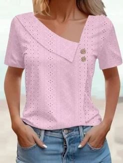 Women's Eyelet top Dressy Tops Elegant Stylish Solid Color Buttons Eyelet Short Sleeve Asymmetrical Daily Grass Green White Pink Army Green Blue Summer