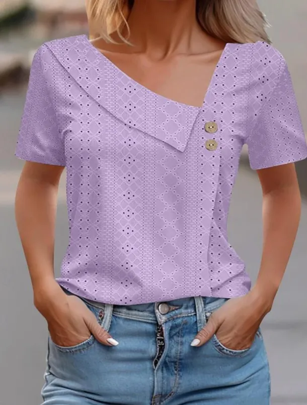 Women's Eyelet top Dressy Tops Elegant Stylish Solid Color Buttons Eyelet Short Sleeve Asymmetrical Daily Grass Green White Pink Army Green Blue Summer