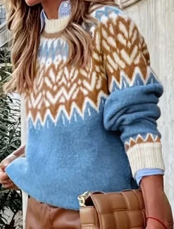 Women's Fair Isle Sweater Crew Neck Knit Knitted Fall Winter Outdoor Weekend Streetwear Daily Casual Long Sleeve Geometric Blue