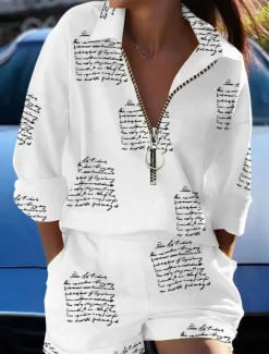 Women's Fashion Boho Shirt Shorts Sets Baggy Shorts Long Sleeve Shirt Collar Graphic Butterfly Zipper Print Casual Daily Black White Yellow Spring & Summer Regular Fit