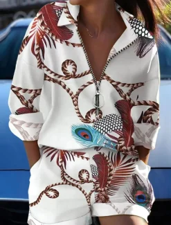 Women's Fashion Boho Shirt Shorts Sets Baggy Shorts Long Sleeve Shirt Collar Graphic Butterfly Zipper Print Casual Daily Black White Yellow Spring & Summer Regular Fit