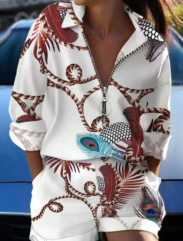 Women's Fashion Boho Shirt Shorts Sets Baggy Shorts Long Sleeve Shirt Collar Graphic Butterfly Zipper Print Casual Daily Black White Yellow Spring & Summer Regular Fit