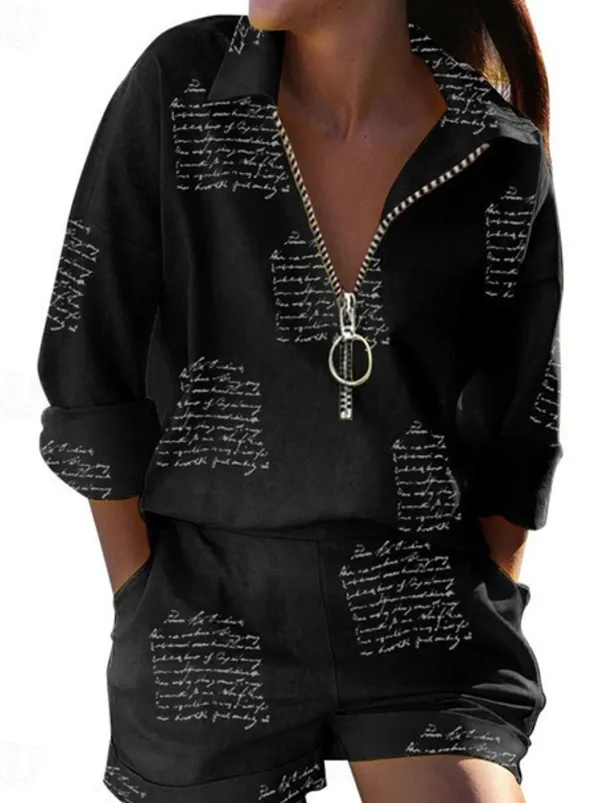Women's Fashion Boho Shirt Shorts Sets Baggy Shorts Long Sleeve Shirt Collar Graphic Butterfly Zipper Print Casual Daily Black White Yellow Spring & Summer Regular Fit