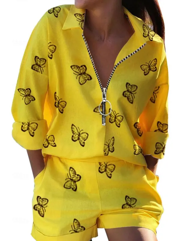 Women's Fashion Boho Shirt Shorts Sets Baggy Shorts Long Sleeve Shirt Collar Graphic Butterfly Zipper Print Casual Daily Black White Yellow Spring & Summer Regular Fit