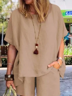 Women's Fashion Comfort Soft Linen-Inspired Sets Two Piece Sets Short Sleeve Short Pant Crew Neck Pure Color Pocket Elastic Waist Vacation Home Daily White Army Green Khaki Summer