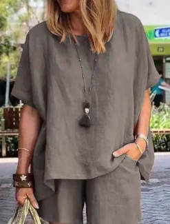 Women's Fashion Comfort Soft Linen-Inspired Sets Two Piece Sets Short Sleeve Short Pant Crew Neck Pure Color Pocket Elastic Waist Vacation Home Daily White Army Green Khaki Summer