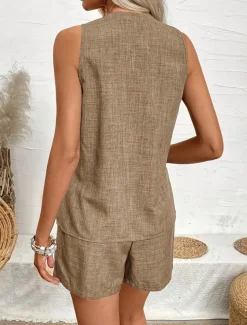 Women's Fashion Daily Basic Shorts Sets Sleeveless V Neck Solid Color Casual Daily Khaki Summer Regular Fit