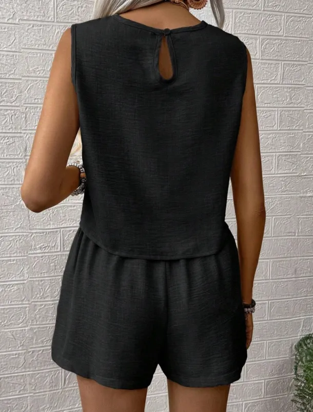 Women's Fashion Daily Linen-Inspired Sets Two Piece Sets Tank Top Baggy Shorts Sleeveless Crew Neck Plain Casual Daily Black Royal Blue Orange Summer Regular Fit