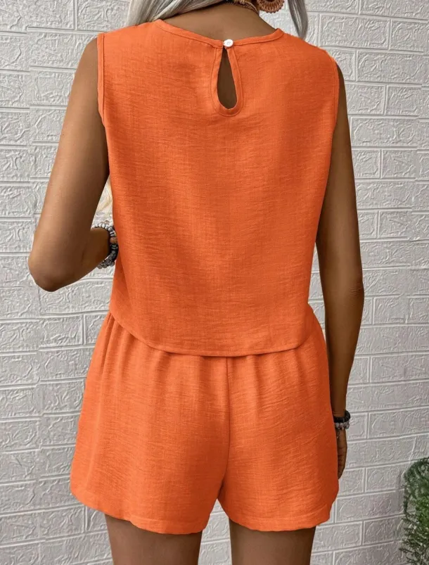 Women's Fashion Daily Linen-Inspired Sets Two Piece Sets Tank Top Baggy Shorts Sleeveless Crew Neck Plain Casual Daily Black Royal Blue Orange Summer Regular Fit