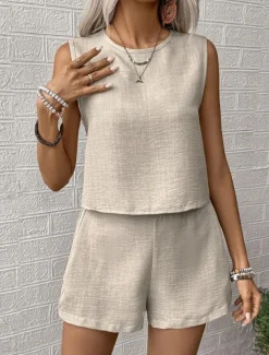 Women's Fashion Daily Linen-Inspired Sets Two Piece Sets Tank Top Baggy Shorts Sleeveless Crew Neck Plain Casual Daily Black Royal Blue Orange Summer Regular Fit