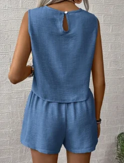 Women's Fashion Daily Linen-Inspired Sets Two Piece Sets Tank Top Baggy Shorts Sleeveless Crew Neck Plain Casual Daily Black Royal Blue Orange Summer Regular Fit
